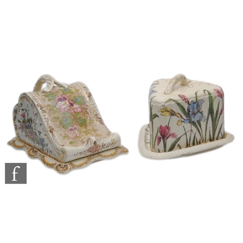 129 - Two late 19th Century cheese dishes and covers each with transfer floral decoration with gilt detail... 