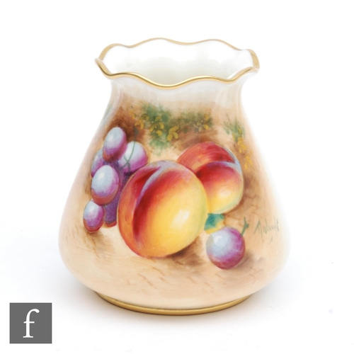 130 - A small Royal Worcester Fallen Fruits vase panel decorated by Rolands with hand painted peaches and ... 