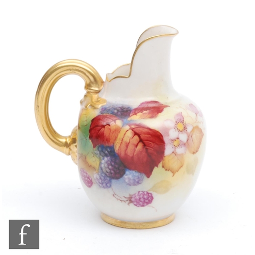 131 - A small Royal Worcester Fallen Fruits shape 1094 flatback jug, panel decorated by Kitty Blake with h... 