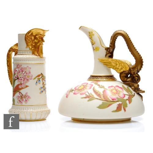 24 - Two late 19th Century Royal Worcester blush ivory jugs, the first shape 1048 decorated with sprays o... 