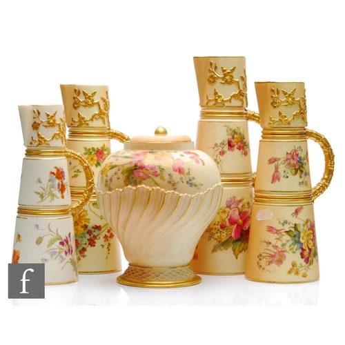 27 - Four early 20th Century Royal Worcester blush ivory shape 1047 conical ewers each decorated with spr... 