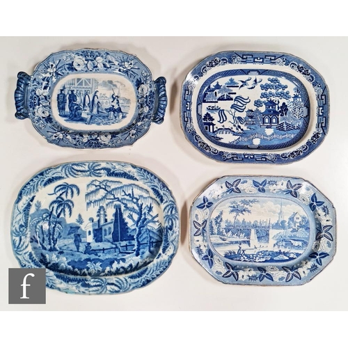 33 - Four 19th Century blue and white meat plates to include one decorated with a scene titled 'British H... 