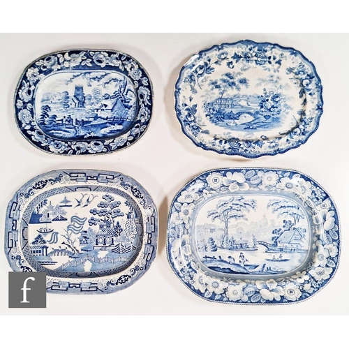 34 - Four 19th Century blue and white meat plates comprising one decorated in the Royal Cottage pattern, ... 