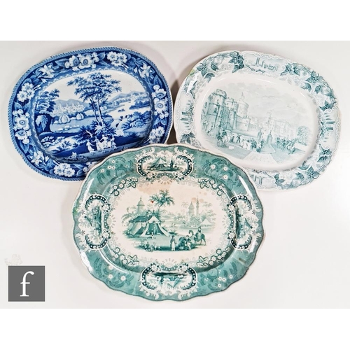 35 - Three large 19th Century transfer decorated meat plates, the first decorated in green and white with... 