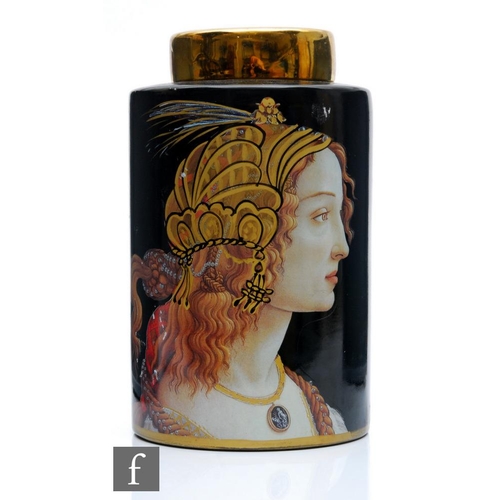 43 - A later 20th Century storage jar decorated with two portraits of Renaissance ladies against a black ... 