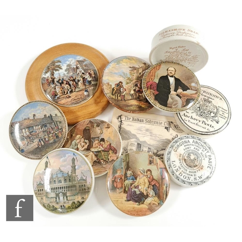 46 - Seven assorted 19th Century Staffordshire pot lids comprising Paris Exhibition 1878, The Best Card, ... 