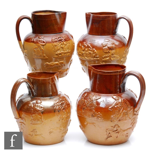 50 - Four 19th Century salt glazed stoneware water jugs each decorated with relief tavern and hunting sce... 