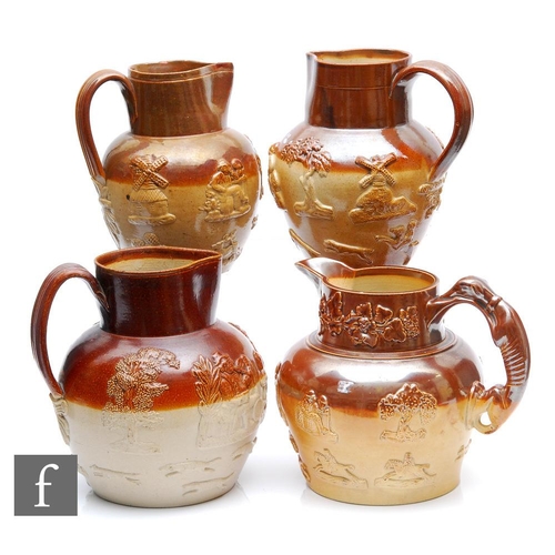 51 - Four 19th Century salt glazed stoneware jugs of varying form decorated with relief tavern and huntin... 