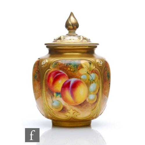 90 - A Royal Worcester Fallen Fruits shape H162 vase and cover panel decorated by Roberts with hand paint... 