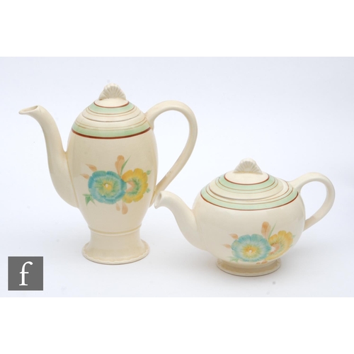 177 - An A.J. Wilkinson Clarice Cliff Margot shape coffee pot, in the Honeydew pattern, hand painted in th... 