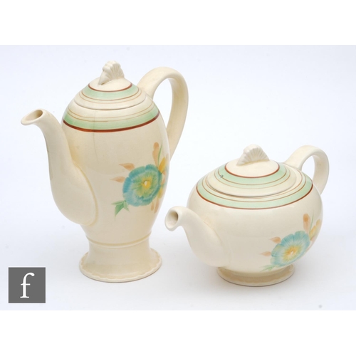 177 - An A.J. Wilkinson Clarice Cliff Margot shape coffee pot, in the Honeydew pattern, hand painted in th... 