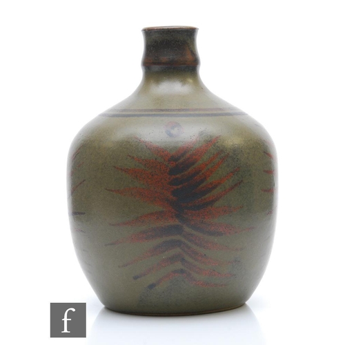 151 - A studio pottery vase of slightly square form decorated with brown and black brushstroke leaves agai... 