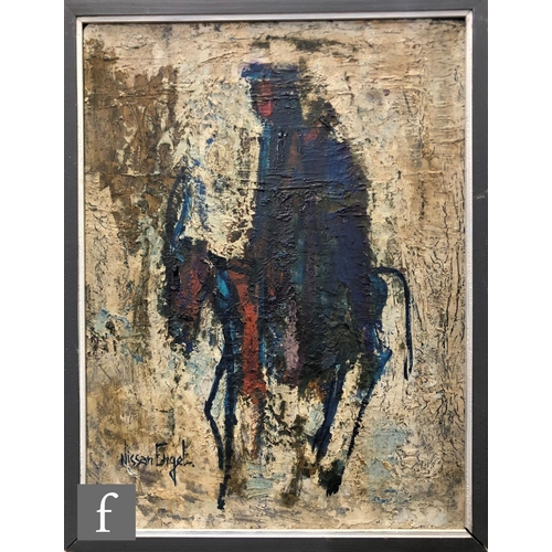 497 - NISSAN ENGEL (ISRAELI, BORN 1931) - A figure leading a horse, oil on board, signed, framed, 34cm x 2... 