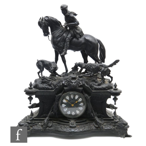 950 - A late 19th to early 20th Century large French spelter mantel clock, detailed with a figural group o... 