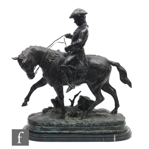 951 - A late 20th Century bronze figure of a huntsman on horseback, after Antoine Louis Barye, raised to a... 