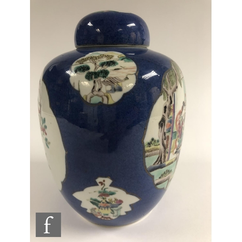 195 - A Chinese Powder Blue porcelain vase of rounded ovoid form, the exterior sides picked out with fan s... 