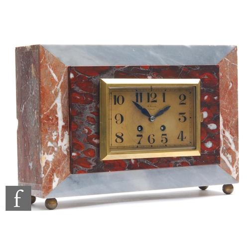 828 - A 1930s French Art Deco grey and brown veined marble mantle clock, Arabic dial named A Guyon Cholet,... 