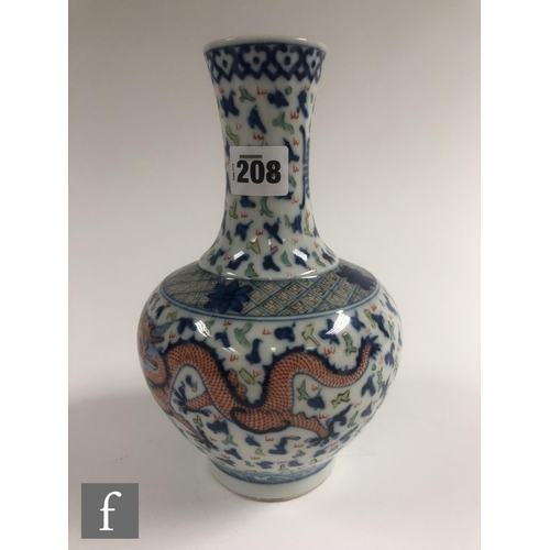 208 - A Chinese Wucai style vase, the porcelain bottle vase with underglazed blue and overglazed red ename... 