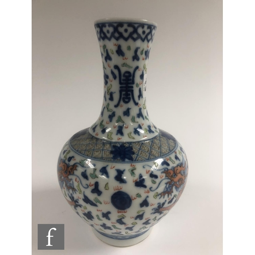 208 - A Chinese Wucai style vase, the porcelain bottle vase with underglazed blue and overglazed red ename... 