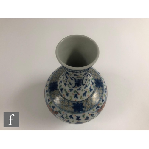 208 - A Chinese Wucai style vase, the porcelain bottle vase with underglazed blue and overglazed red ename... 