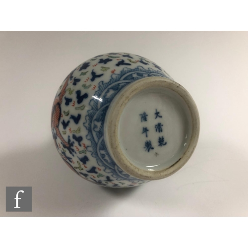 208 - A Chinese Wucai style vase, the porcelain bottle vase with underglazed blue and overglazed red ename... 