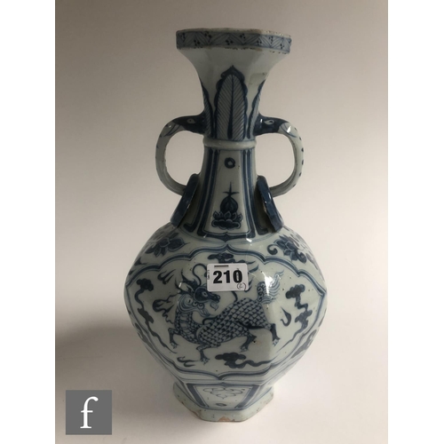 210 - Two Chinese blue and white porcelain vases, each of bottle form decorated with Qilin and dragon, bef... 