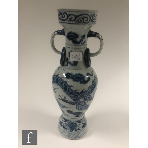 210 - Two Chinese blue and white porcelain vases, each of bottle form decorated with Qilin and dragon, bef... 