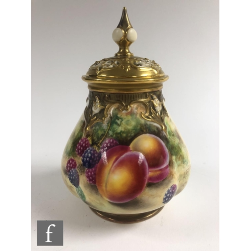 88 - A Royal Worcester Fallen Fruits shape H291 vase with spire cover panel decorated by Owen with hand p... 