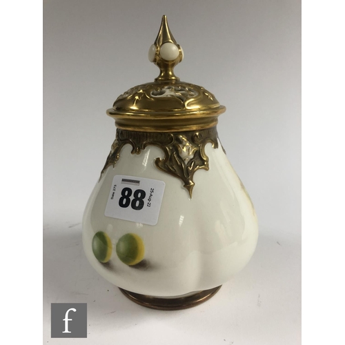 88 - A Royal Worcester Fallen Fruits shape H291 vase with spire cover panel decorated by Owen with hand p... 