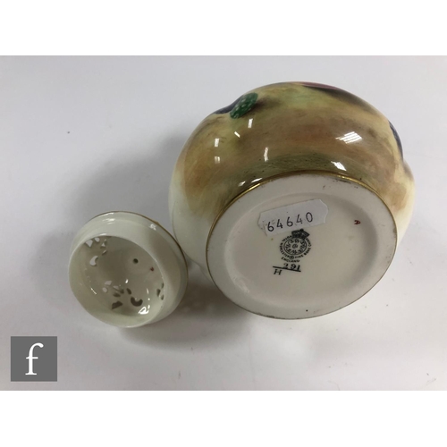 88 - A Royal Worcester Fallen Fruits shape H291 vase with spire cover panel decorated by Owen with hand p... 