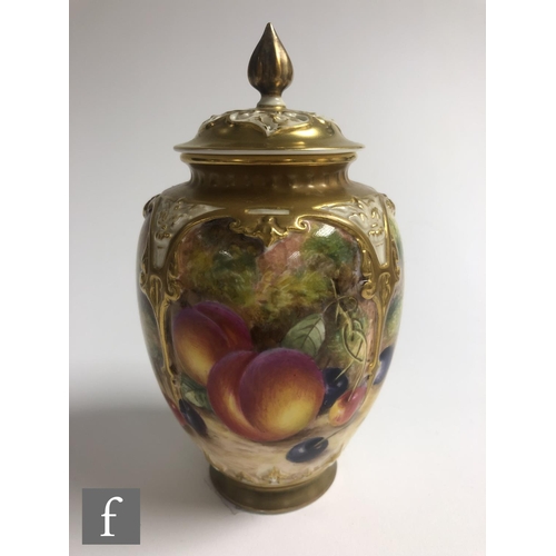 91 - A Royal Worcester Fallen Fruits shape H169 vase and cover panel decorated by Freeman with hand paint... 