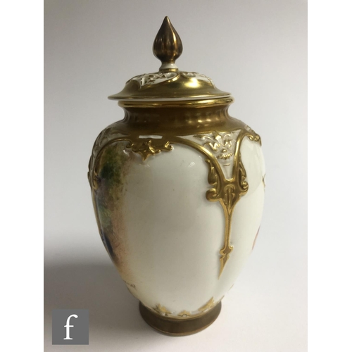 91 - A Royal Worcester Fallen Fruits shape H169 vase and cover panel decorated by Freeman with hand paint... 