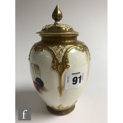 91 - A Royal Worcester Fallen Fruits shape H169 vase and cover panel decorated by Freeman with hand paint... 