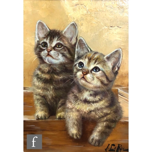 513 - MANNER OF JULES LE ROY (FRENCH, 1856-1921) - A study of two tabby kittens, oil on panel, bears ... 