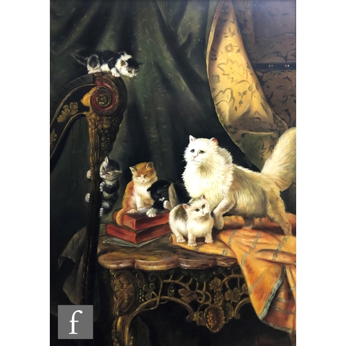 514 - F. LEMAN AFTER HENRIETTE RONNER-KNIP - Cats playing on a harp, oil on board, a late 20th C... 