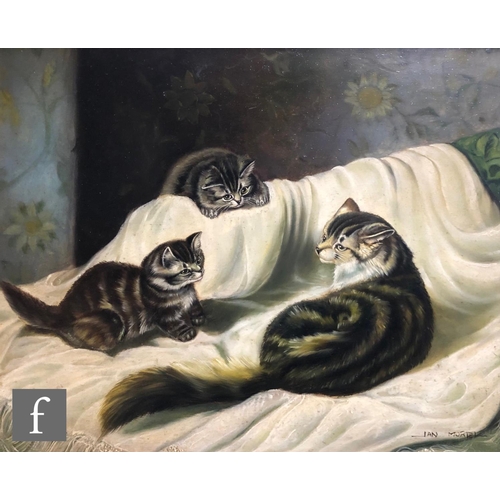 514 - F. LEMAN AFTER HENRIETTE RONNER-KNIP - Cats playing on a harp, oil on board, a late 20th C... 