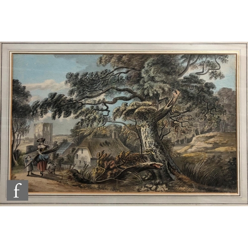 516 - MANNER OF JULIUS CAESAR IBBETSON (1759–1817) - Wooded landscape with figures and a cart, water... 