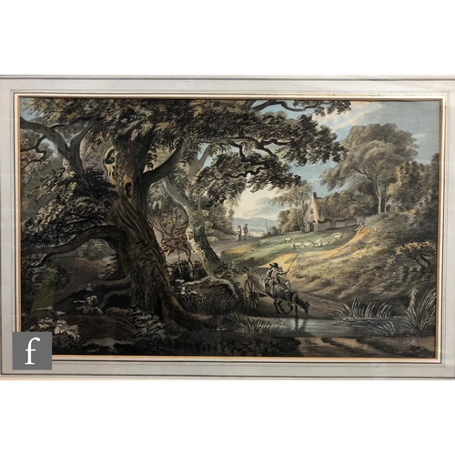 516 - MANNER OF JULIUS CAESAR IBBETSON (1759–1817) - Wooded landscape with figures and a cart, water... 