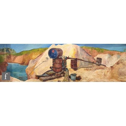 535 - MICHAEL ROSENBERG (1935-2012) - Oil cans and a quarry pump, oil on board, framed, 62cm x 204cm, fram... 