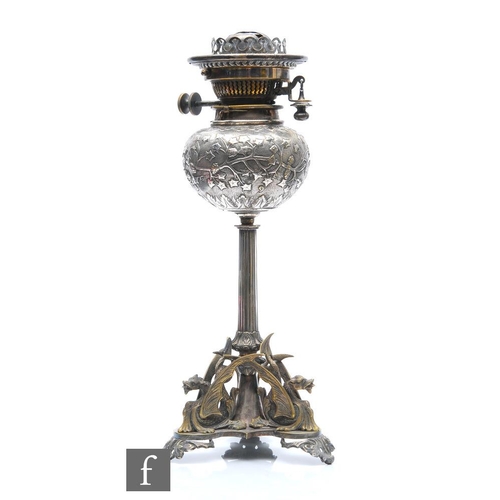 361 - A late 19th Century silver plated oil lamp in the manner of Elkington & Co, the triform griffin ... 