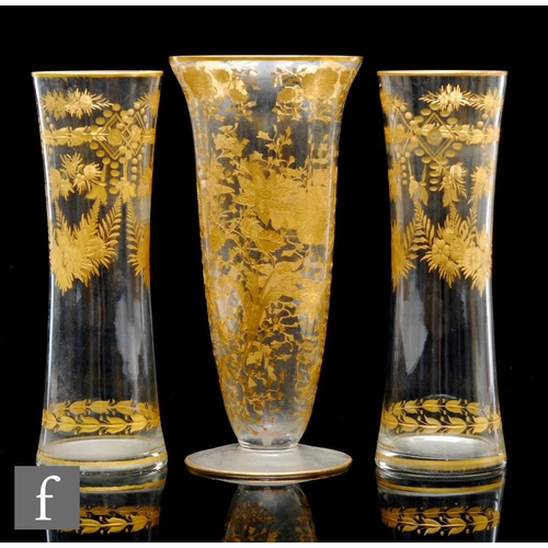 334 - A pair of early 20th Century clear crystal vases circa 1900, possibly Moser, of waisted sleeve form,... 