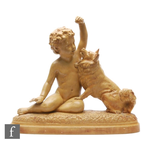 906 - A late 20th Century terracotta study of a putti playing with a dog, impressed B. Rezl signature vers... 