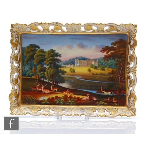 17 - A 19th Century Chamberlain Worcester rectangular card tray decorated with a hand painted landscape v... 
