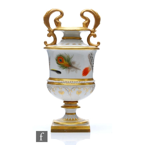 18 - A 19th Century Flight Barr and Barr Worcester twin handled vase decorated with hand painted feathers... 