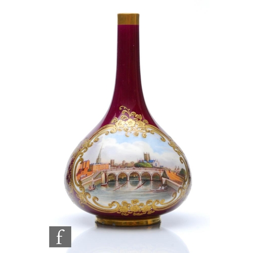 38 - A 19th Century Chamberlain bud vase decorated with a handpainted view of Worcester against a burgund... 