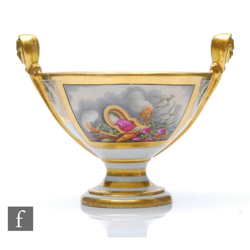 39 - A 19th Century Barr, Flight & Barr twin handled bowl decorated with two doves pulling a flaming ... 