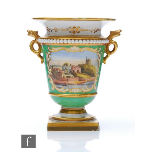 41 - A 19th Century Flight Barr & Barr twin handled vase decorated with a view of Worcester against a... 