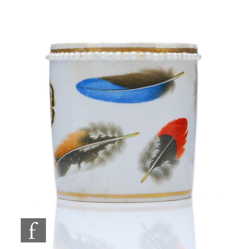 46 - A 19th Century Chamberlain Worcester drum shaped inkwell decorated with hand painted feathers agains... 