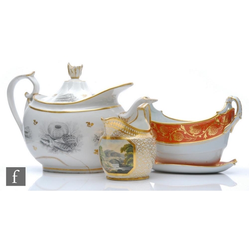47 - A 19th Century Flight Barr & Barr teapot of silver form, bat printed with shells with gilt sprig... 