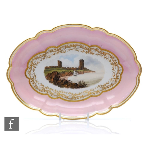 48 - A 19th Century Barr, Flight & Barr oval dish decorated with a hand painted scene of Aberystwyth ... 